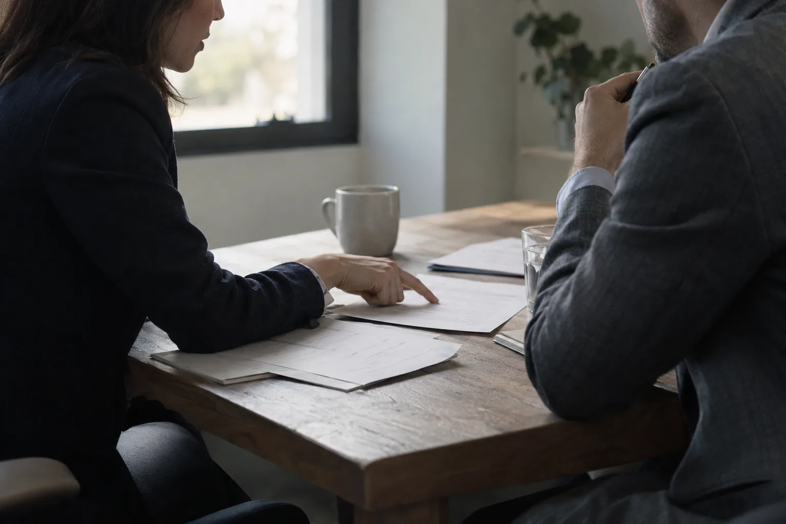 Dos profesionales revisan documentos en una mesa de trabajo