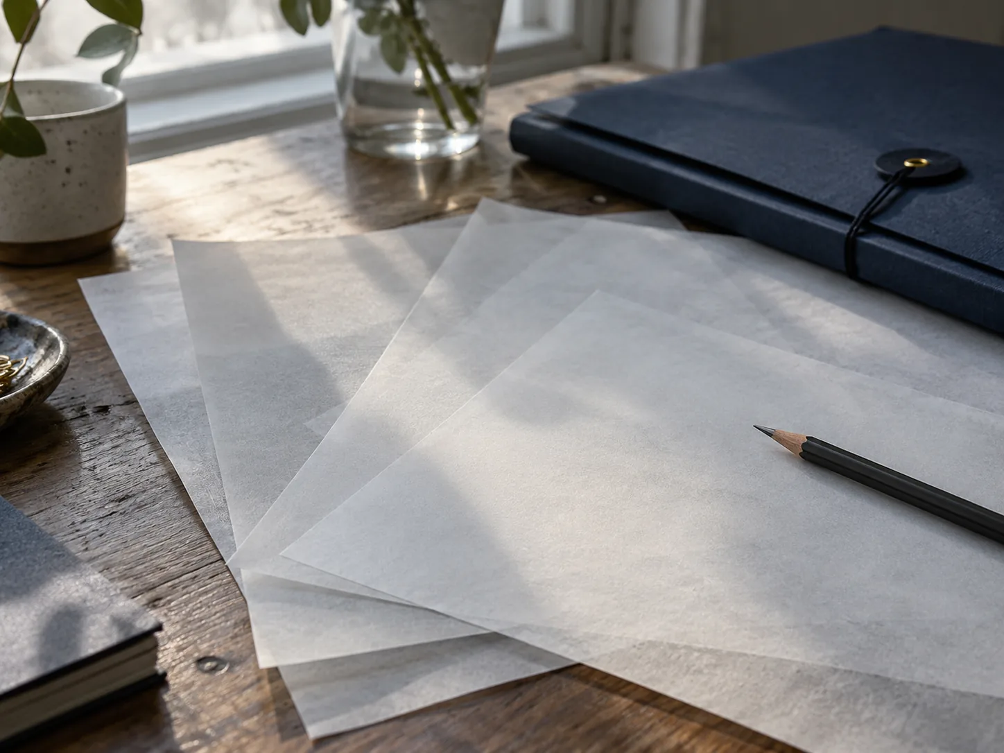 Capas de papel translúcido ordenadas sobre una mesa de trabajo
